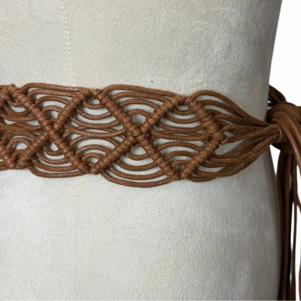 Boho Western Brown Cognac Braided Macramé Fringe Belt Women’s Size Small Medium - Picture 4 of 8